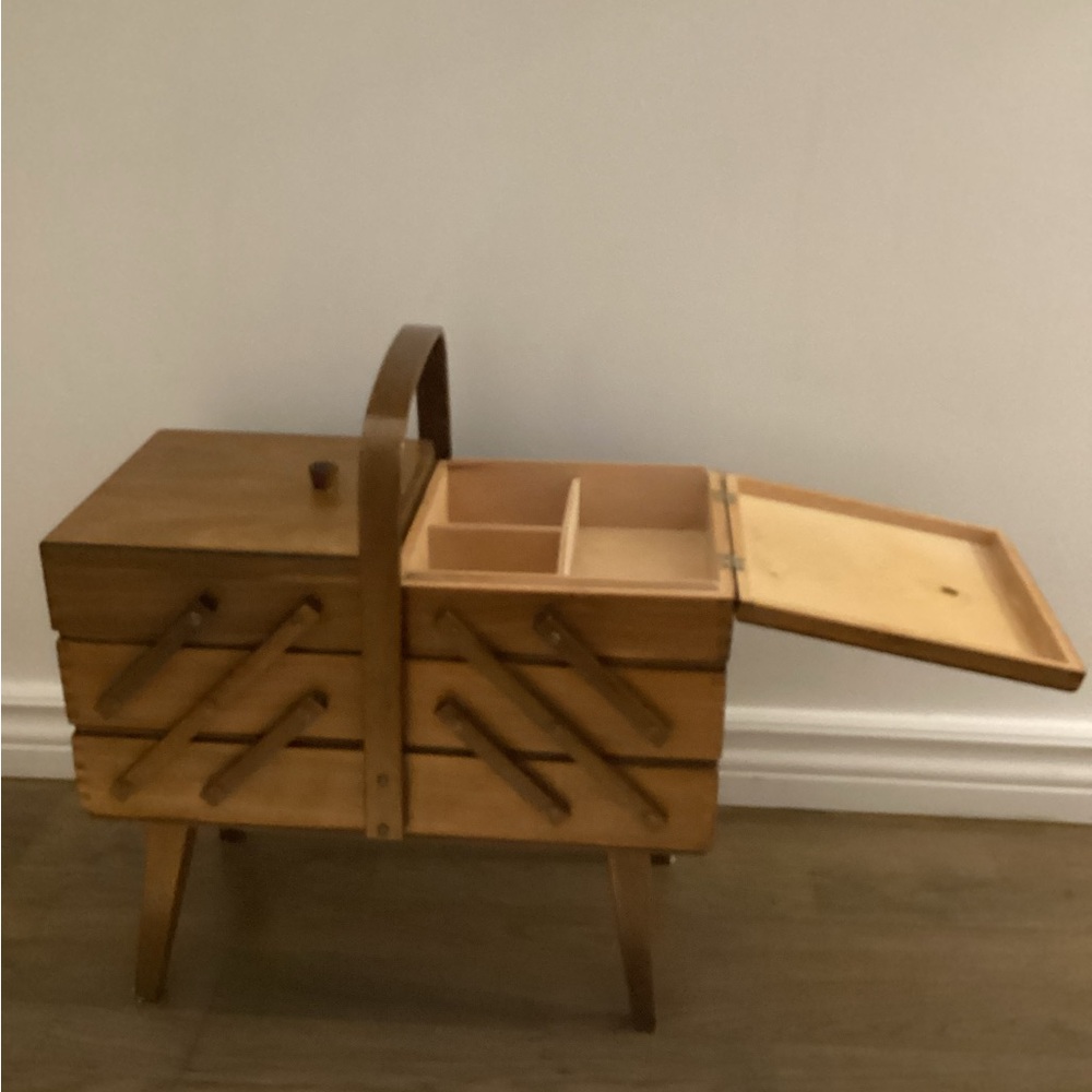 Vintage Polish Wooden Handmade Dovetailed Sewing Box Cabinet Accordion Wood MCM